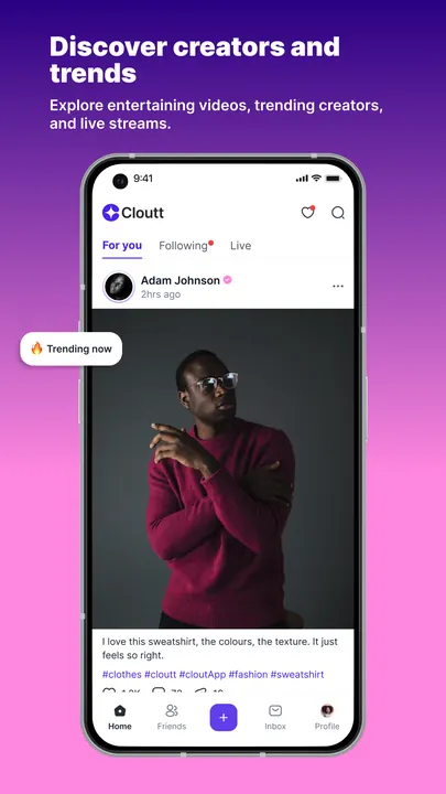 Discover feed of creators, trending videos, and live streams