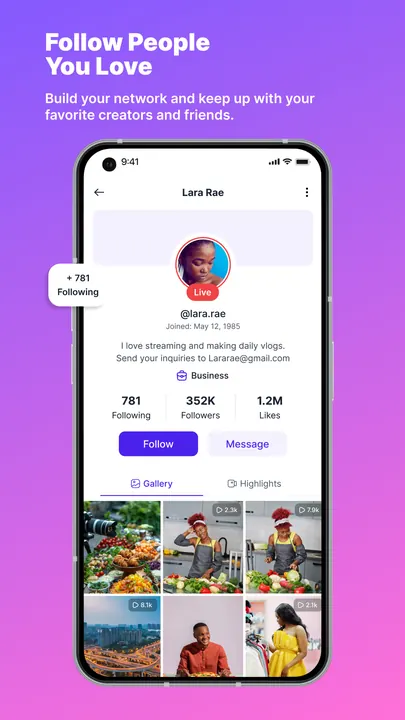 Creator profile with followers, gallery, and highlights