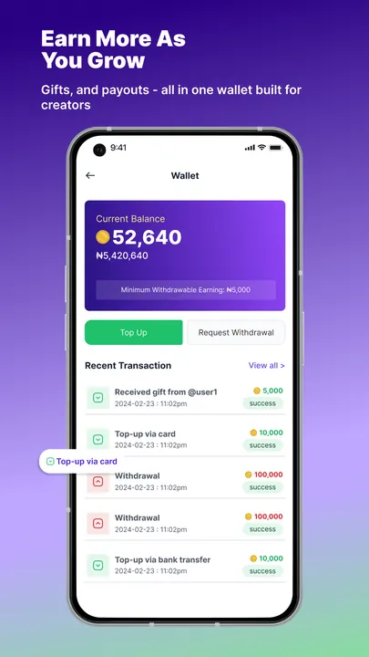 Creator wallet showing gift earnings, top-ups, and withdrawals