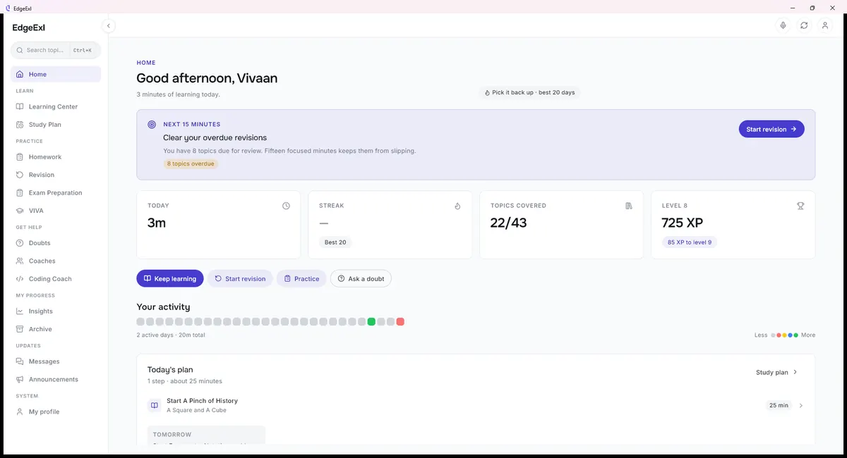 EdgeExl home dashboard with streaks, XP, and daily activity