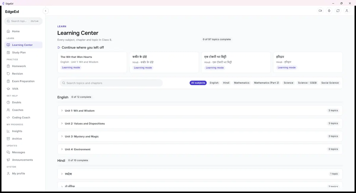 Learning Center with syllabus progress across subjects