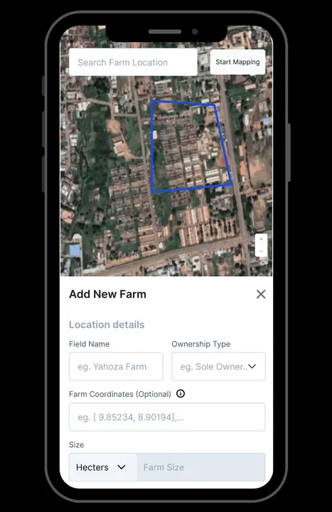 Adding a new farm — satellite mapping with location details