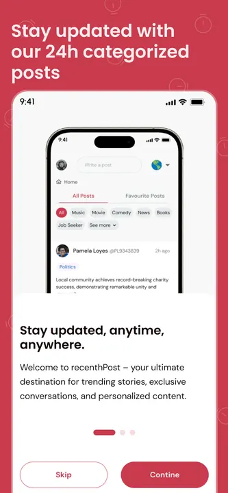 RecenthPost onboarding — 24-hour categorized posts